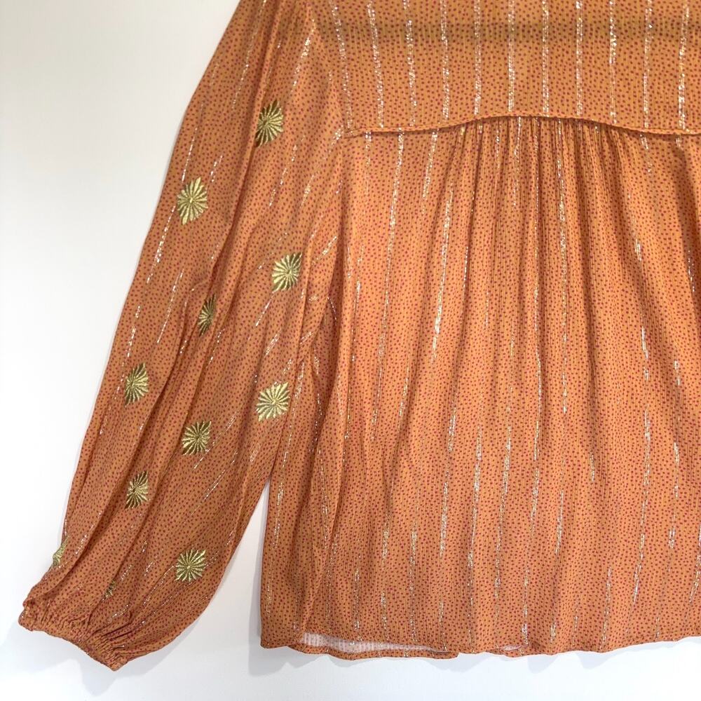 Maria Filo Brazil Peasant Blouse Metallic Thread Sheer Boho Gold Orange Womens M - Picture 2 of 9